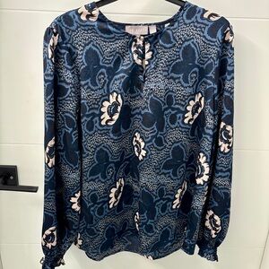 Ted Baker Navy Blue Floral Long-Sleeve Blouse with Keyhole Neckline